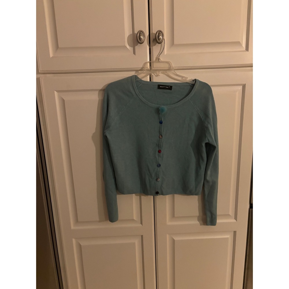 Tricotonic Women Teal Cropped Cardigan Cashmere Wool Blend Pom Pom‎ Button L/XL
